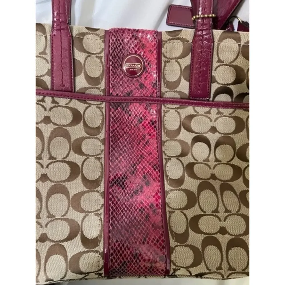 Coach Signature Python Stripe Raspberry Beige Tan shoulder purse bag gently used